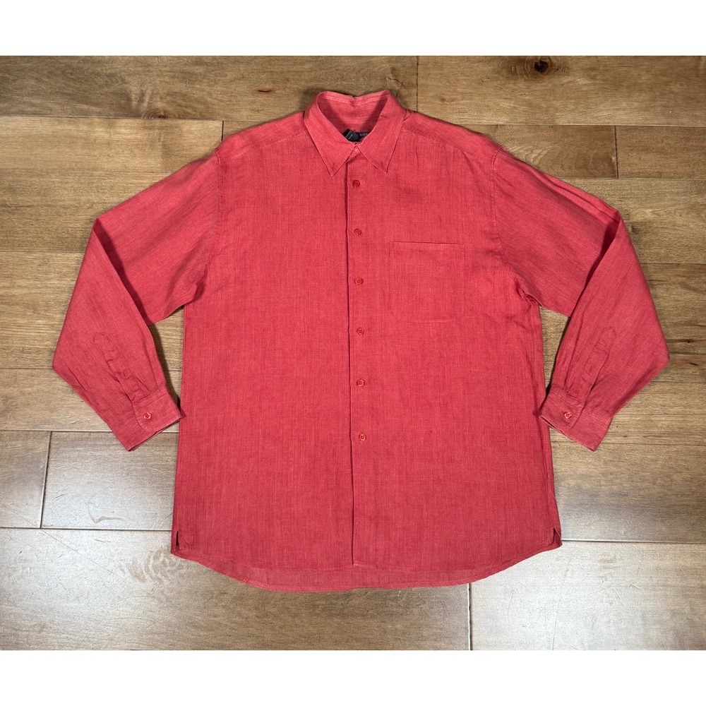 Saks Fifth Avenue 100% Linen Long Sleeve Button‎ Polo Shirt Quiet Luxury Mens Lg